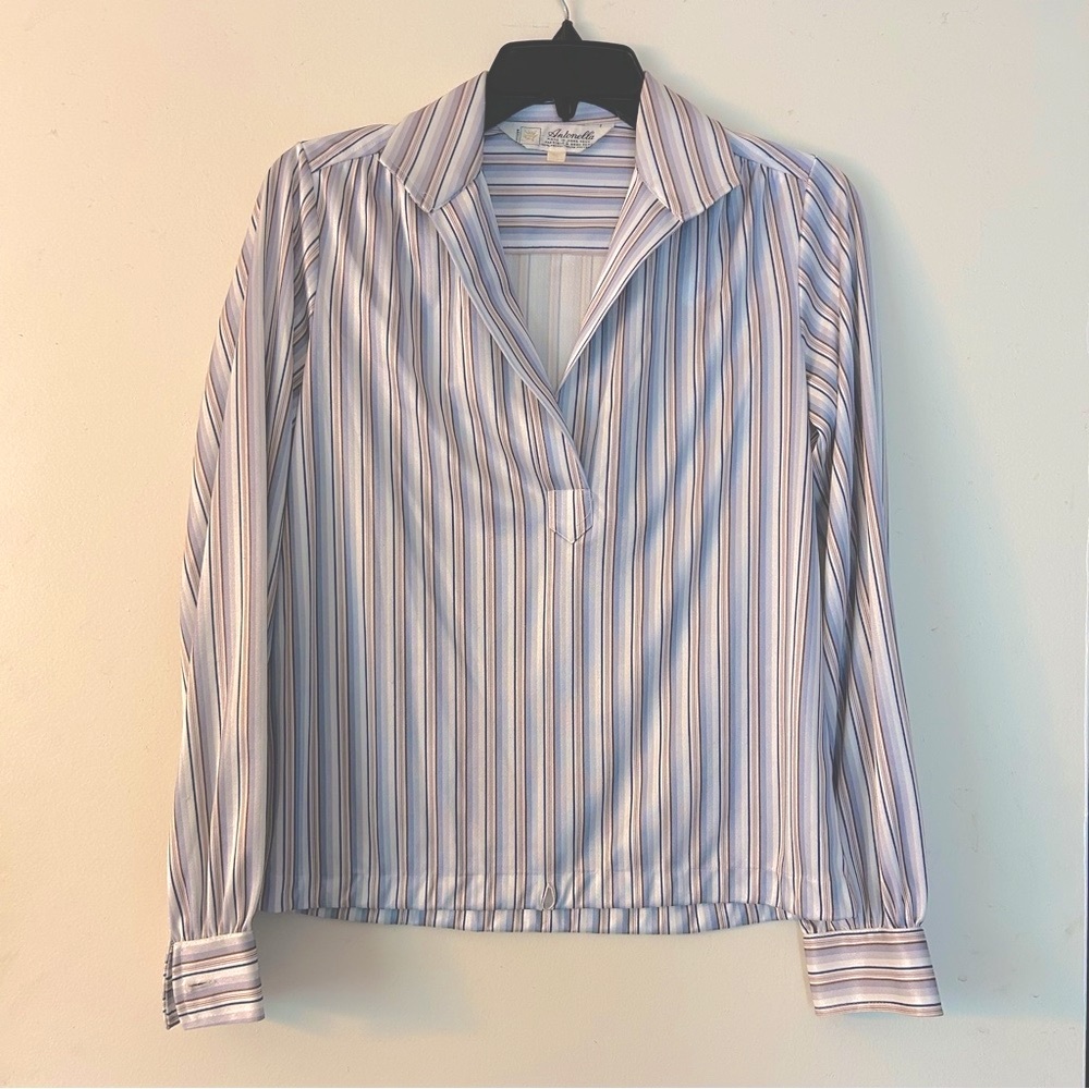 Antonella Striped Long Sleeve Blouse Top Blue Grey Brown White Size 12